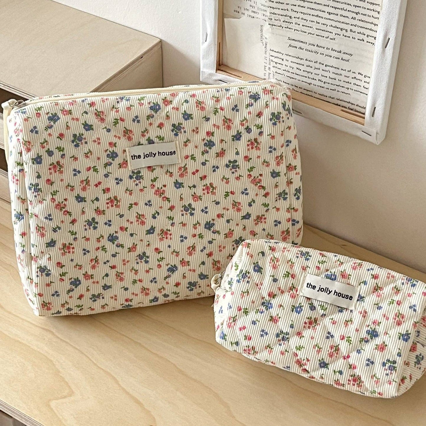 Corduroy Flower Print Sweet Cosmetic Bag