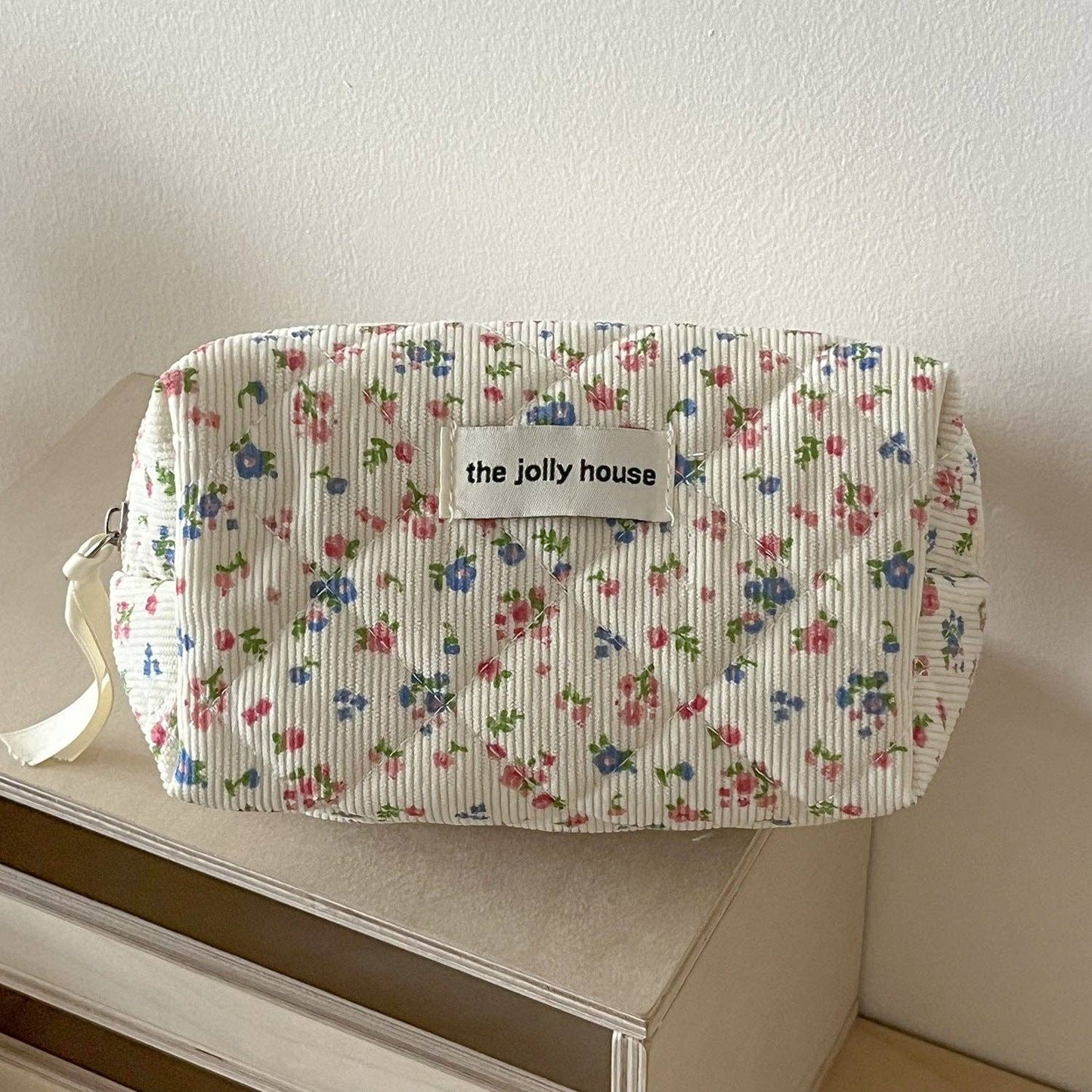 Corduroy Flower Print Sweet Cosmetic Bag