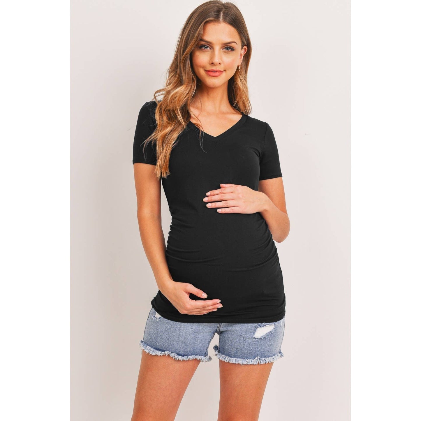 Solid V-Neck Maternity Basic Top with Ruched Side