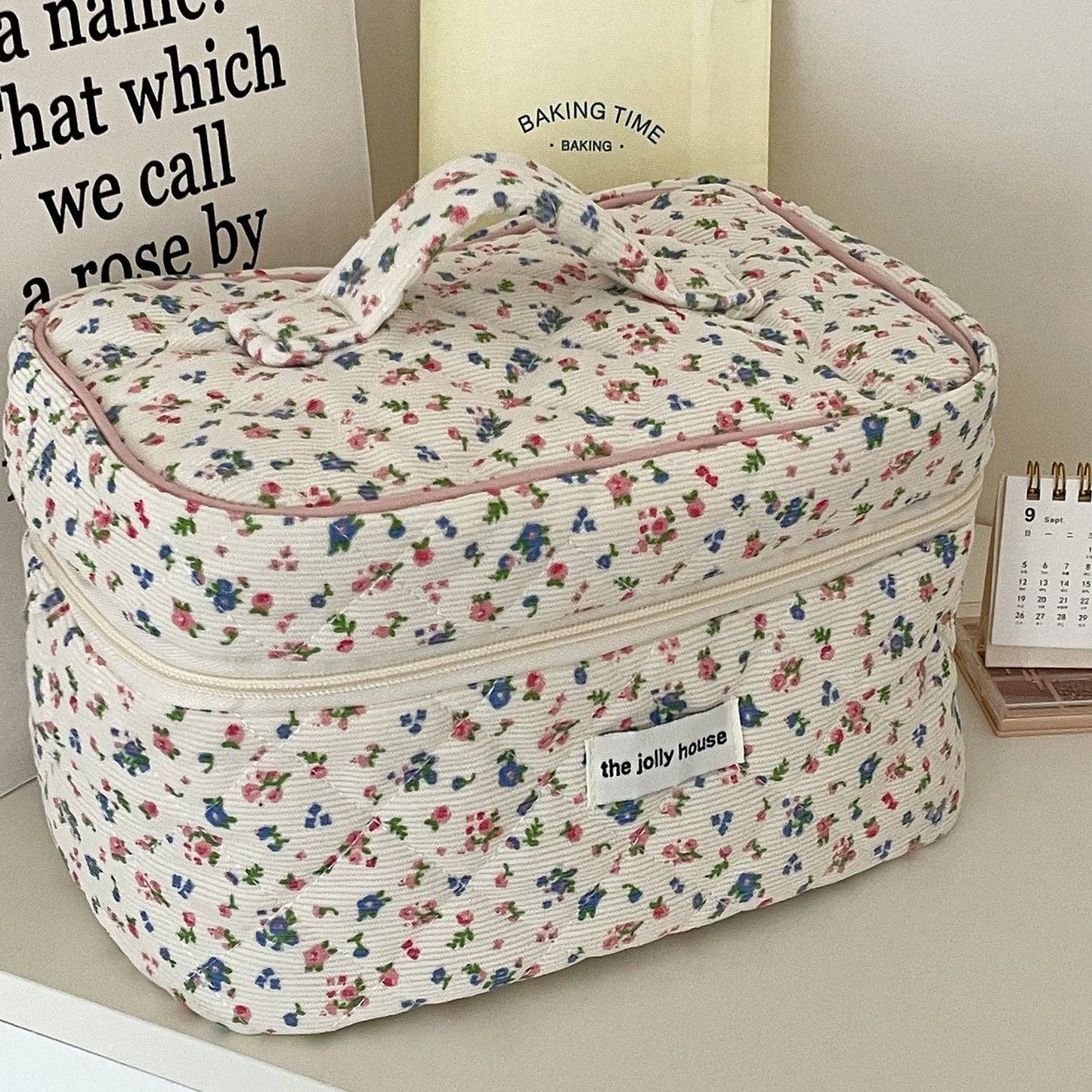 Corduroy Flower Print Sweet Cosmetic Bag