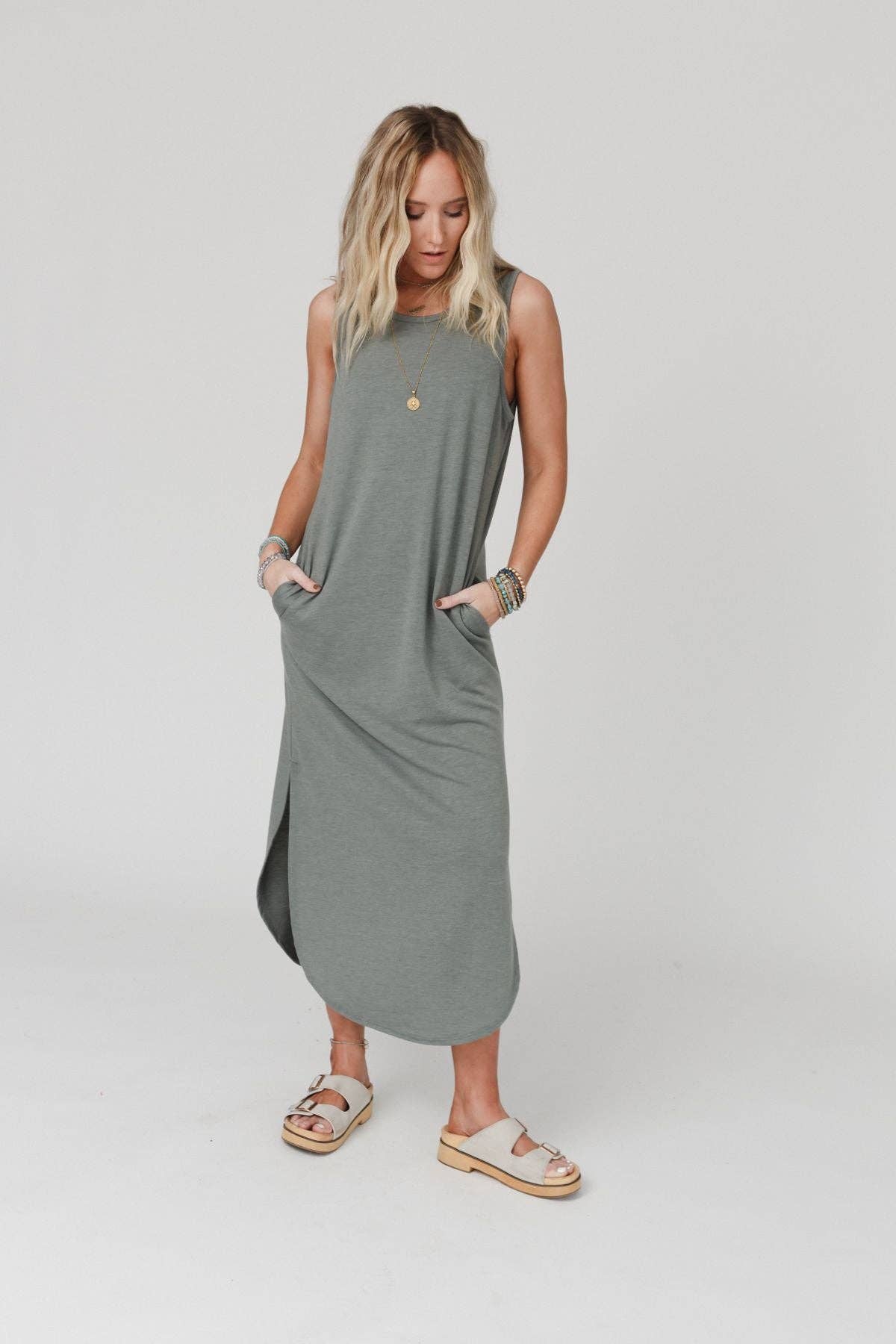 Cassie Sleeveless Pocket Maxi Dress - Light Olive